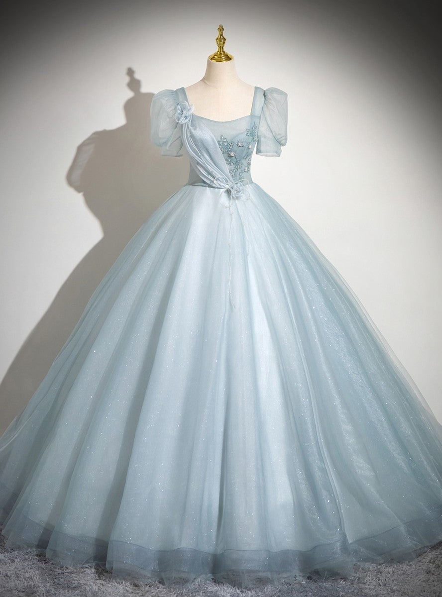 Blue Tulle Short Sleeve Flower Quinceanera Dress