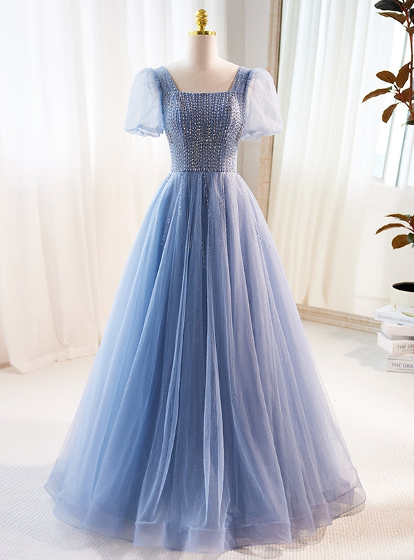 Blue Tulle Square Neck Short Sleeve Beading Prom Dress