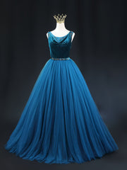 Blue Tulle Velvet Beading Prom Dress