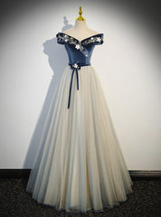 Blue Velvet Off the Shoulder Beading Prom Dress