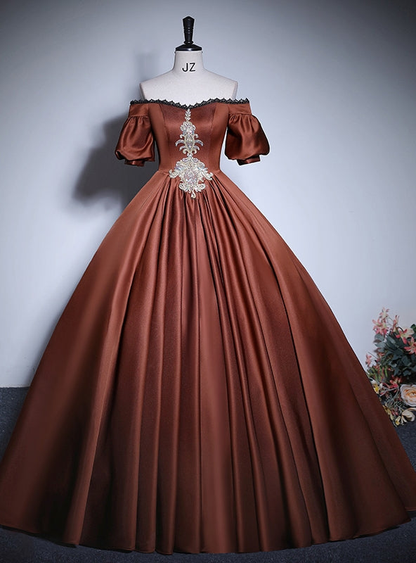 Brown Satin Off the Shoulder Short Sleeve Quinceanera Dress