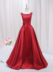 Burgundy Bateau Satin Beading Prom Dress