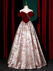 Burgundy Bow Velvet Off the Shoulder Beading Prom Dress