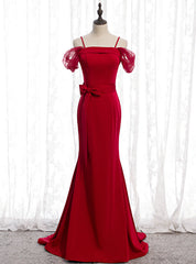 Burgundy Mermaid Satin Spagehtti Straps Prom Dress With Sash