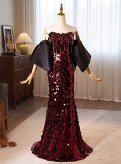 Burgundy Mermaid Sequins Strapless Prom Dress