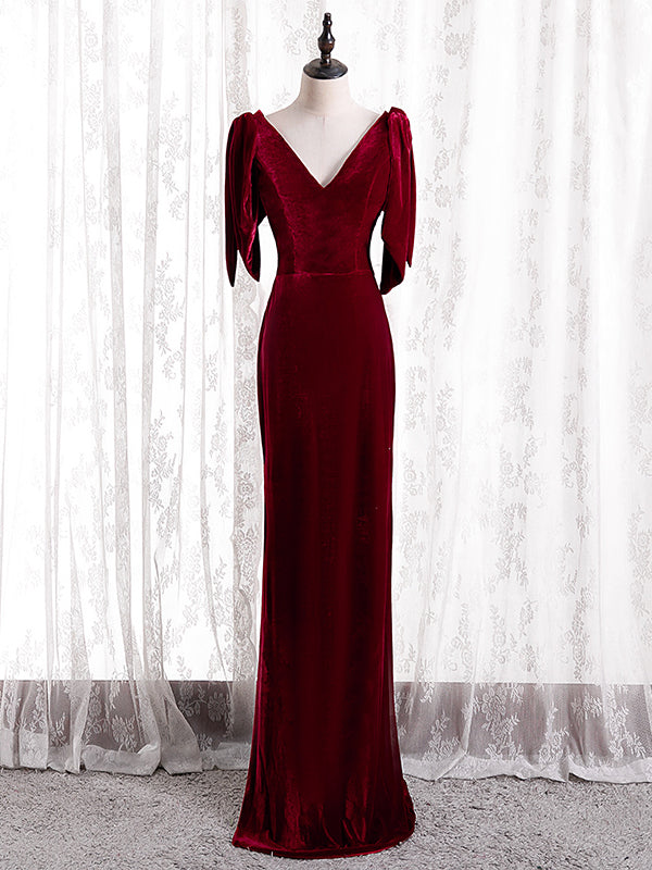 Burgundy Mermaid Velvet V-neck Prom Dress