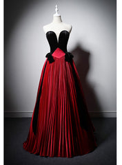 Burgundy Satin Black Velvet Strapless Prom Dress