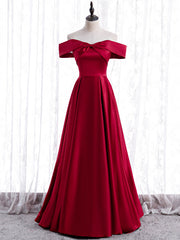 Burgundy Satin Off the Shoulder Prom Dress