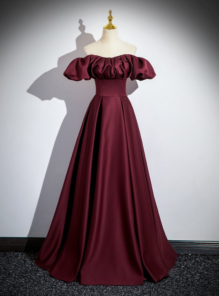 Burgundy Satin Off the Shoulder Puff Sleeve Pleats Prom Dress