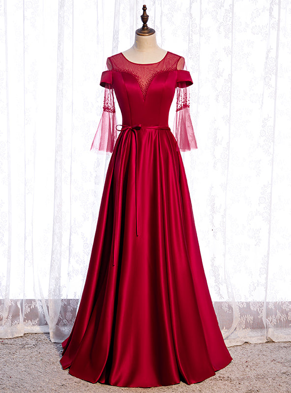 Burgundy Satin Short Sleeve Beading Backless Prom Dress