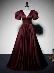 Burgundy Satin Short Sleeve V-neck Prom Dress