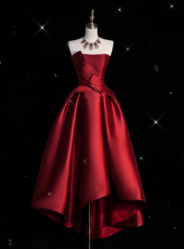 Burgundy Satin Strapless  Prom Dress