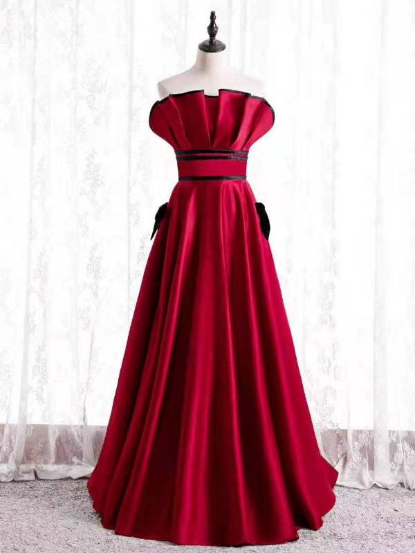 Burgundy Satin Strapless Pleats Prom Dress