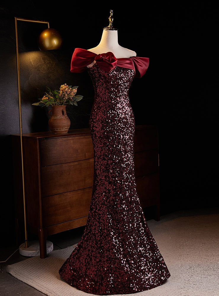 Burgundy Sequins Mermaid Off the Shoulder Prom Dress