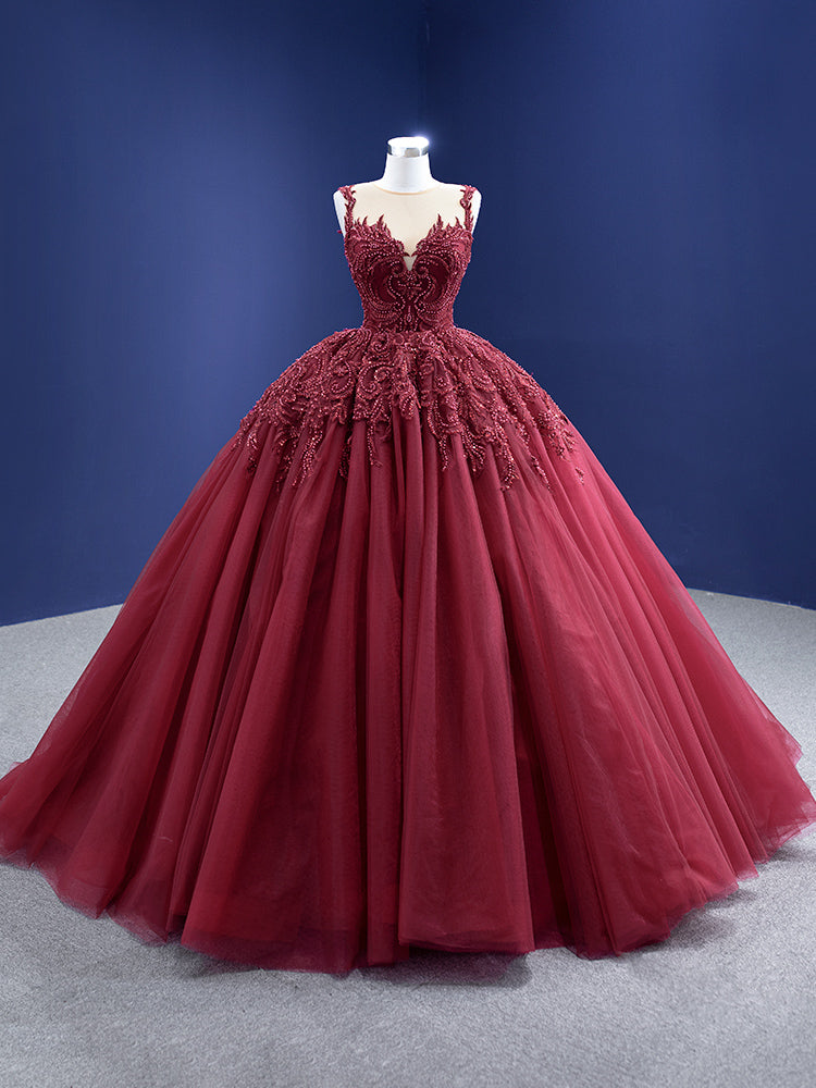 Burgundy Tulle Beading Sequins Illusion Neck Prom Dress