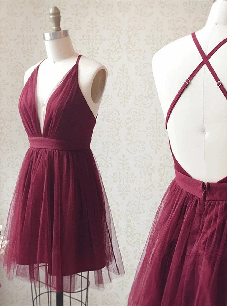 Burgundy Tulle Deep V-neck Homecoming Dress