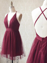 Burgundy Tulle Deep V-neck Homecoming Dress