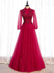 Burgundy Tulle Sequins Long Sleeve High Neck Beading Prom Dress