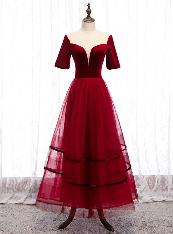 Burgundy Tulle Velvet Short Sleeve Ankle Length Prom Dress