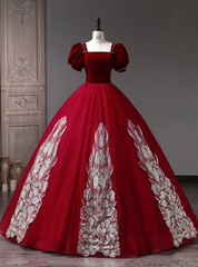 Burgundy Tulle Velvet Short Sleeve Quinceanera Dress