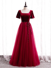 Burgundy Tulle Velvet Square Short Sleeve Prom Dress