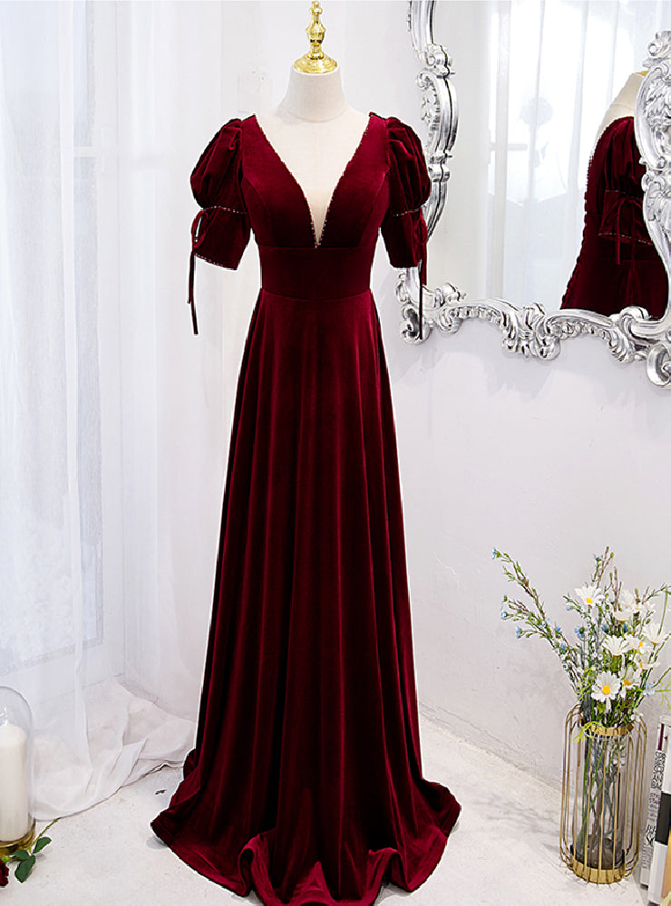 Burgundy Velvet Dee V-neck Short Sleeve Prom Dress