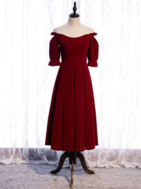 Burgundy Velvet Off the Shoulder Short Sleeve Tea Length Prom Dress