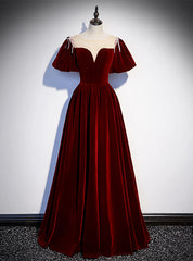 Burgundy Velvet Puff Sleeve Beading Prom Dress