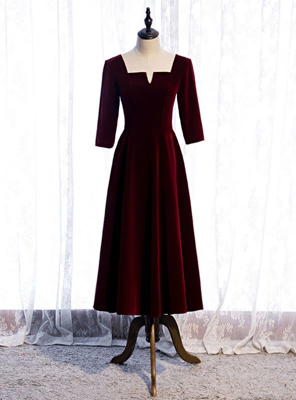 Burgundy Velvet Short Sleeve Square Tea Length Prom Dress