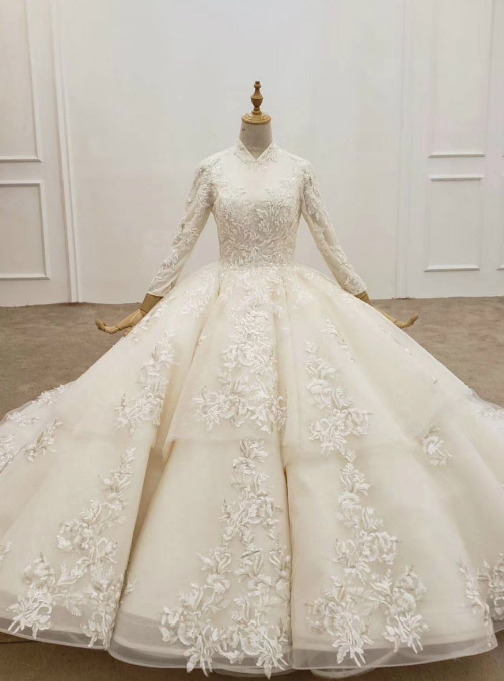 Champagne Ball Gown Tulle Appliques Long Sleeve Wedding Dress