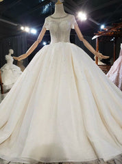 Champagne Ball Gown Tulle Sequins Beading Short Sleeve Wedding Dress