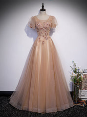 Champagne Tulle Sequins Short Sleeve Beading Sequins Prom Dress