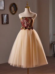 Champagne Tulle Strapless Tea Length Homecoming Dress