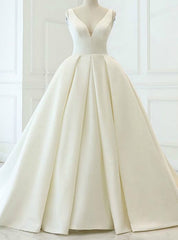 Charming White Ball Gown Satin V-neck Backless Wedding Dress