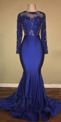 Chic Open Back Royal Blue Real Model Prom Dresses Lace Long Sleeves Mermaid Evening Gown