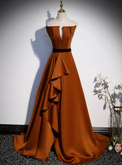 Coffee Satin Strapless Pleats Prom Dress With Split