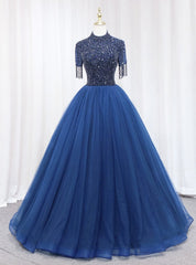 Dark Blue Tulle High Neck Beading Prom Dress