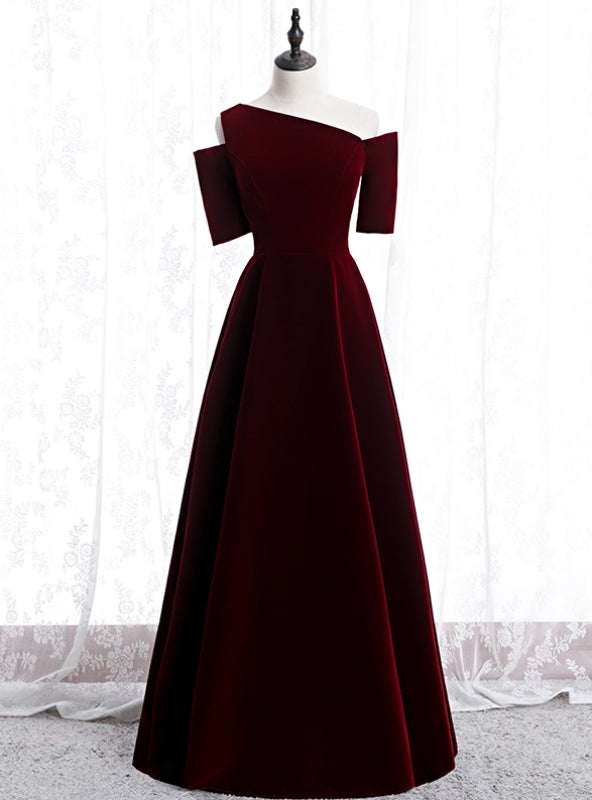 Dark Burgundy Velvet Irregular Neck Short Sleeve Prom Dress