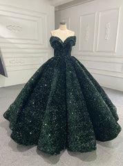 Dark Green Ball Gown Sequins Off the Shoulder Prom Dress