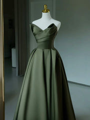 A-Line V Neck Satin Green Long Prom Dress, Green Long Formal Dress