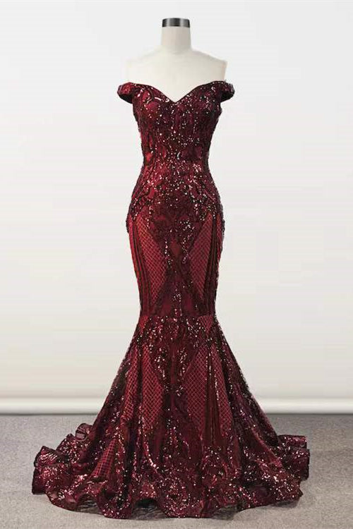 Elegant Burgundy Off-the-shoulder Mermaid Prom Dresses