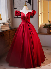 Elegant Burgundy Satin Off the Shoulder Pleats Prom Dress