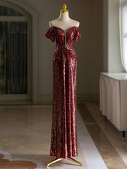 Simple Off Shoulder Sequin Burgundy Long Prom Dress, Burgundy Long Evening Dress