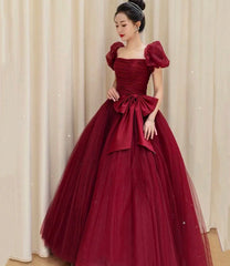 Burgundy tulle long ball gown dress formal dress