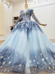 Find The Perfect Shade Of Blue Ball Gown Tulle Sequins Long Sleeve Appliques Beading Prom Dress