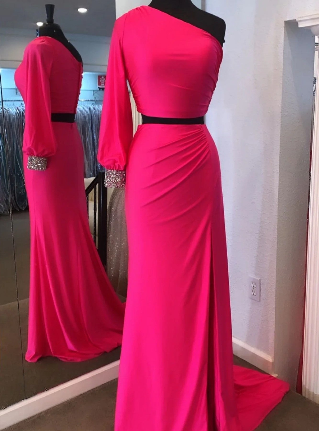 Fuchsia Mermaid Long Sleeve Prom Dress