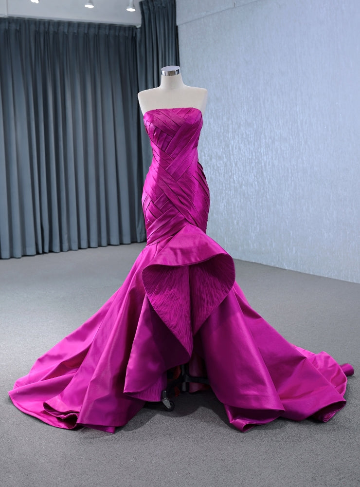 Fuchsia Satin Mermaid  Pleats Prom Dress