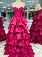 Fuchsia Strapless Tiers Prom Dress