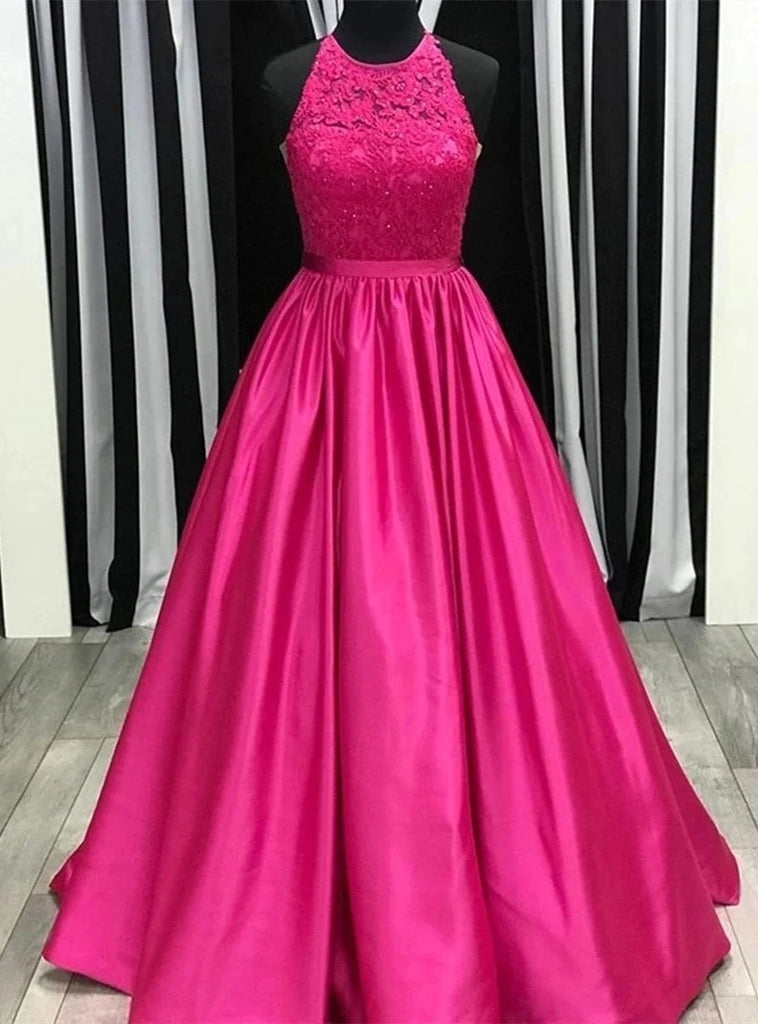 Fuscia Lace Appliques Satin Halter Prom Dress