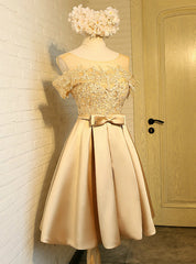 Gold Satin Appliques With Bow Homecoming Dress